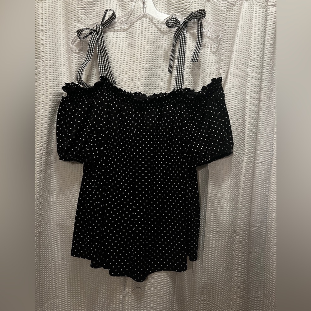 Polka Dot Top with Ruffle Detail, Gingham Shoulder Ties, Short Sleeve, Sz Large - Picture 5 of 9